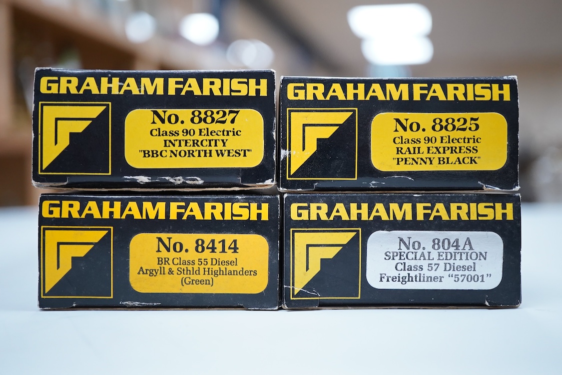 Four boxed Graham Farish N gauge railway electric and diesel locomotives; a BR class 55, Argyle & Sutherland Highlander D9021 (8414), a Freightliner class 57, Freightliner Pioneer 57001 (804A), a Rail Express class 90, P
